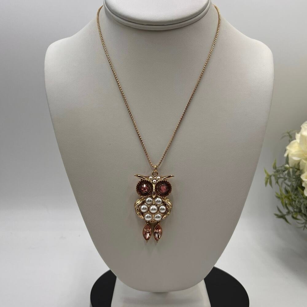 Betsey Johnson Gold Tone Pink Rhinestone Faux Pearl Owl Pendant Necklace New